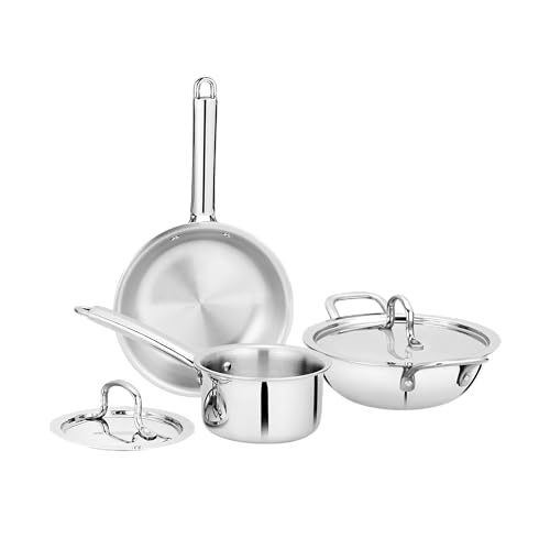 BOWLS  MORE Bowls & More | Tri-Ply Stainless Steel 5 Pcs Cookware Set - 24 cm Wide Kadai (2.2 L) with Lid | 16 cm Saucepan (1.2 L) with Lid | 22 cm Frypan (1.0 L) | Induction/Flame Safe | Brushed Finish (Silver) - Image 2