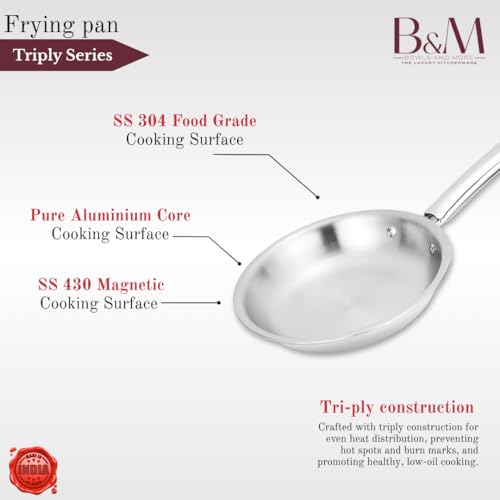 BOWLS  MORE Bowls & More | Tri-Ply Stainless Steel 5 Pcs Cookware Set - 24 cm Wide Kadai (2.2 L) with Lid | 16 cm Saucepan (1.2 L) with Lid | 22 cm Frypan (1.0 L) | Induction/Flame Safe | Brushed Finish (Silver) - Image 4