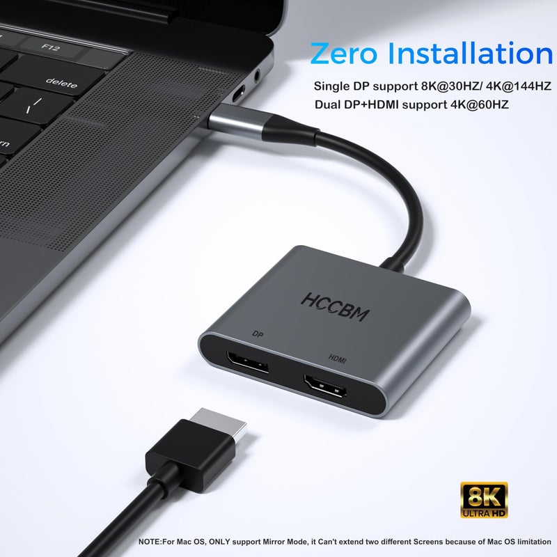 HCCBM USB C to DisplayPort(DP) and HDMI Adapter 8K, Dual Monitor Adapter for Dell HP Surface Laptops,Thunderbolt 3/USB C Type C to HDMI DP Hub Dongle 4K @60hz. - Image 2