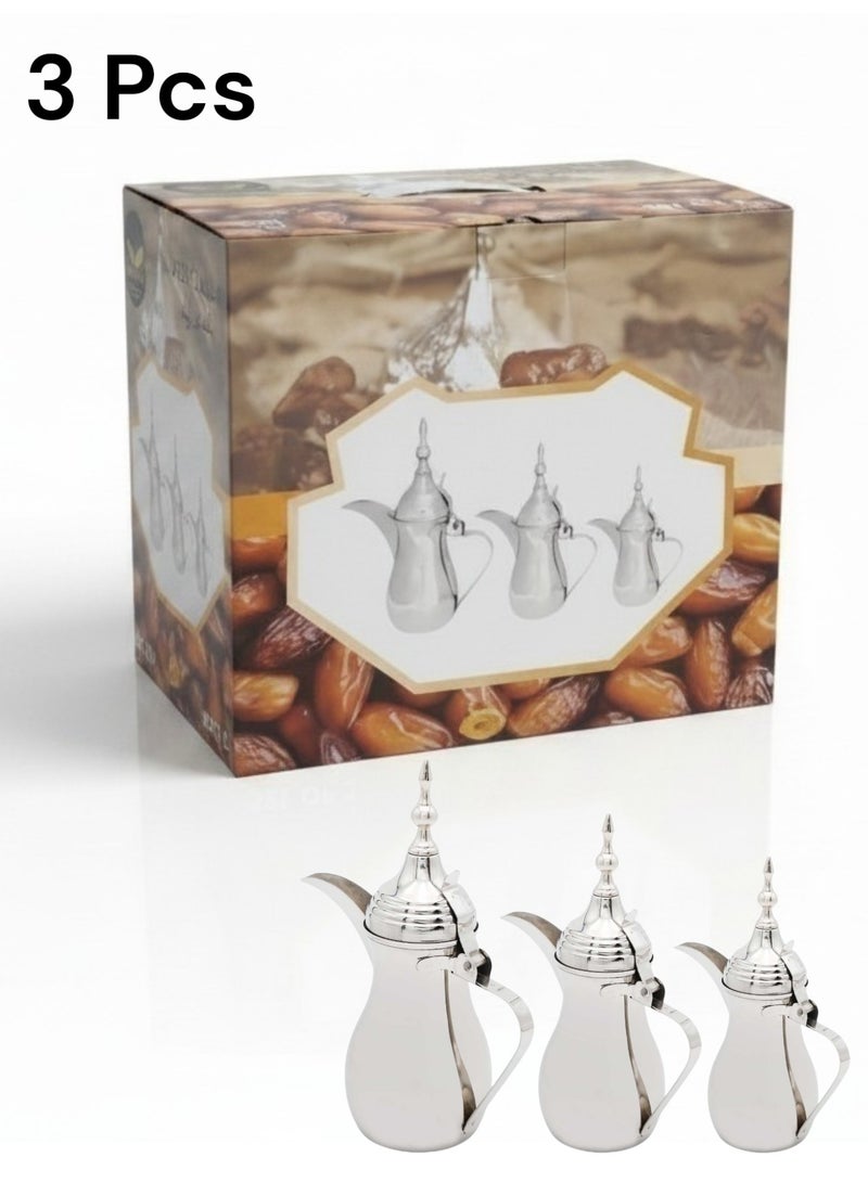Arabic Coffee Dallah Set - 3 Pieces - Graduated Sizes - Raslan Design (Made in India) - Premium Silver Color - Image 1