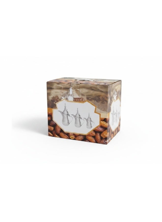 Arabic Coffee Dallah Set - 3 Pieces - Graduated Sizes - Raslan Design (Made in India) - Premium Silver Color - Image 2