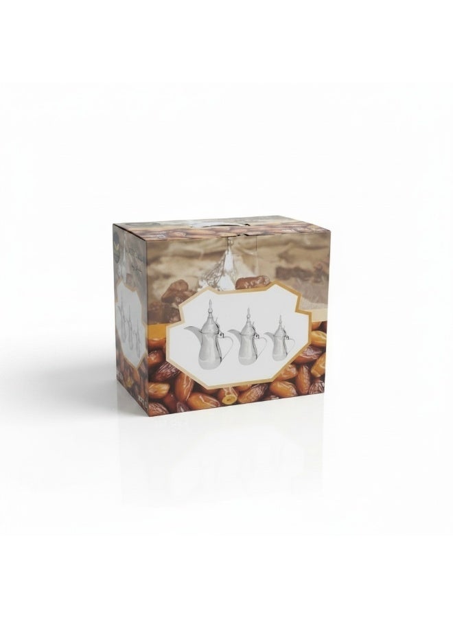 Arabic Coffee Dallah Set - 3 Pieces - Graduated Sizes - Raslan Design (Made in India) - Premium Silver Color - Image 4
