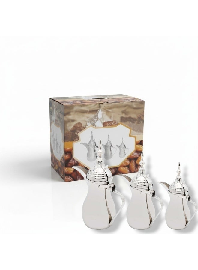 Arabic Coffee Dallah Set - 3 Pieces - Graduated Sizes - Raslan Design (Made in India) - Premium Silver Color - Image 3