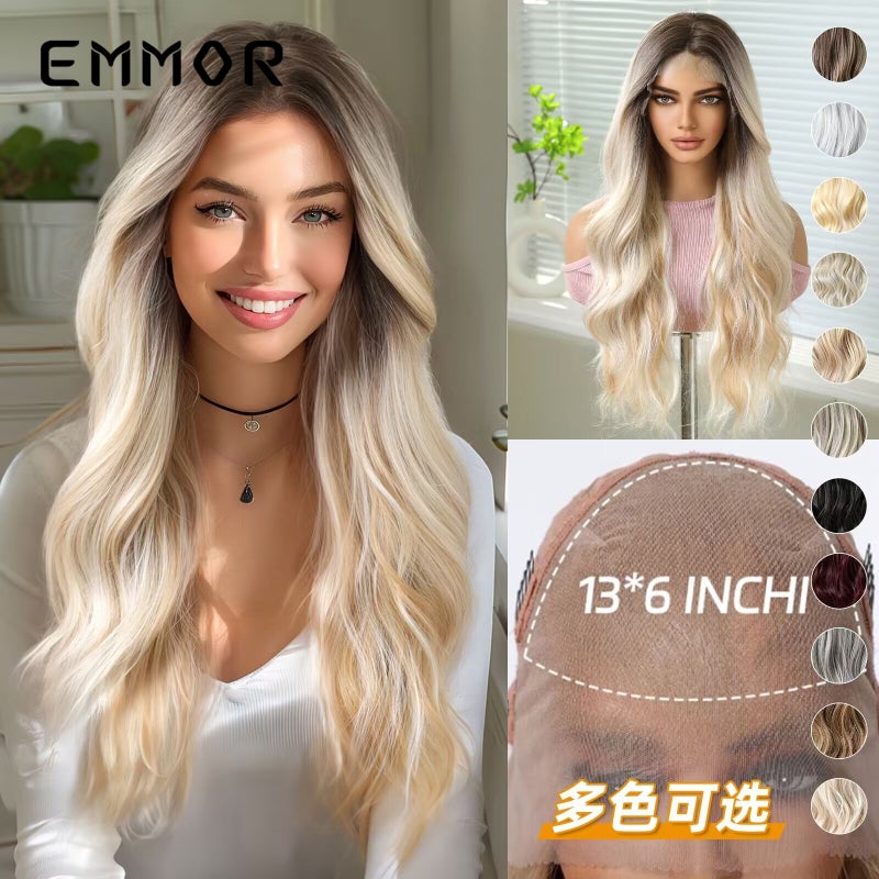 EMMOR Cross-Border 13*6 Large Area Front Lace Wig, Medium Part, Highlighted Golden Color, Fluffy Long Curly Hair - Image 2