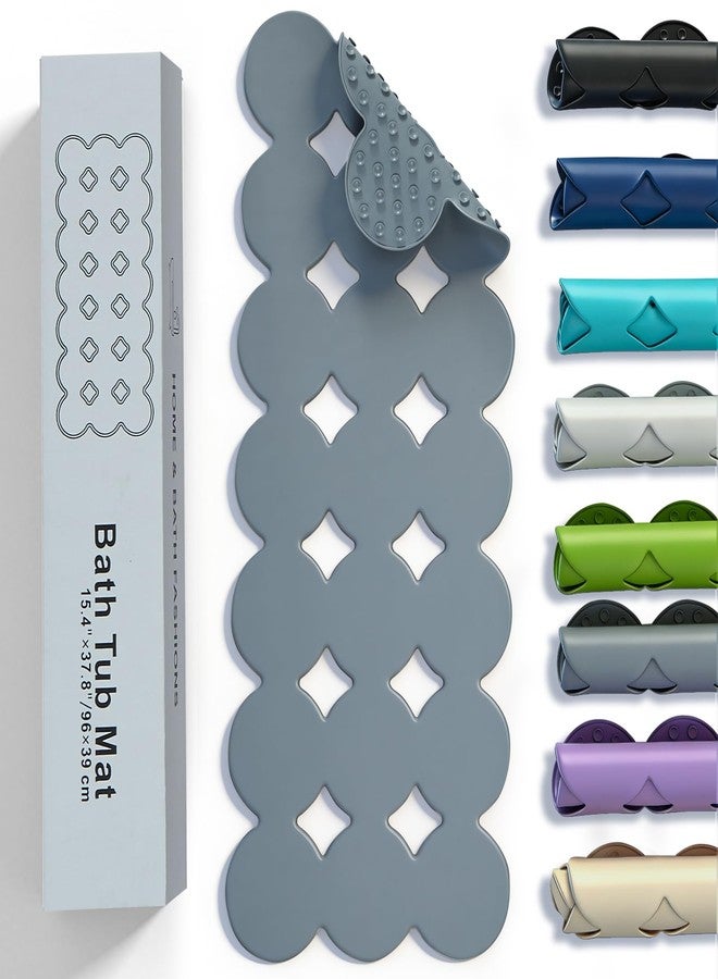 Webos Bathtub Mat Non Slip: Extra Long Rubber Bath Mat for Tub with Strong Suction Cups 15.4" x 37.8" Anti Slip Shower Mat, Big Drain Holes Bathroom Mats for Tub & Shower, Circle-Grey - Image 1