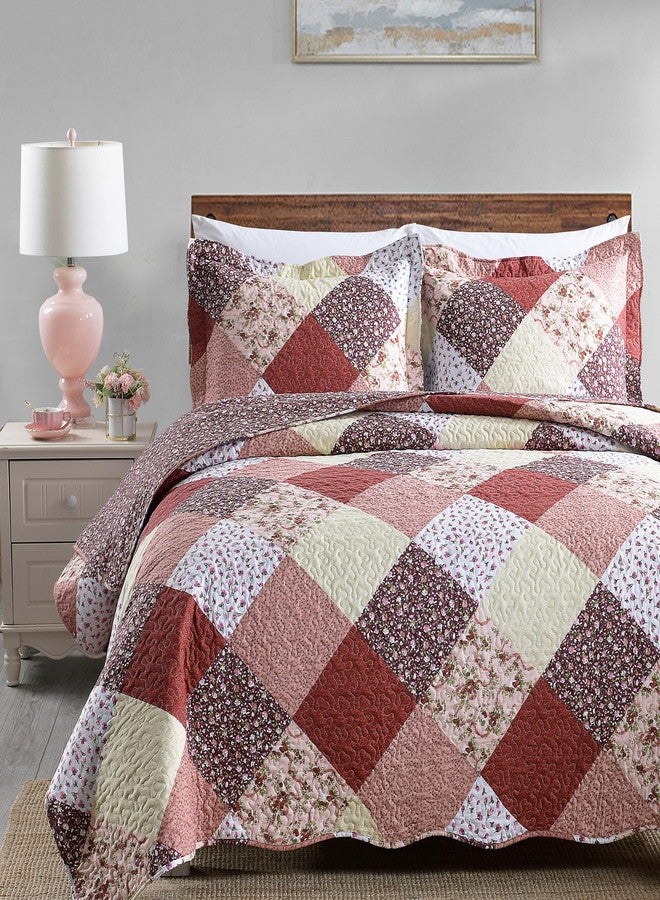 Boryard 3-Piece Queen Size Quilt Set with Ruffle Edge, Lightweight Soft Bedspread Coverlet (96x90 inches) Bedding Set with 2 Pillow Shams (20x26 inches), Red and Floral Grid Plaid Patchwork Print - Image 2