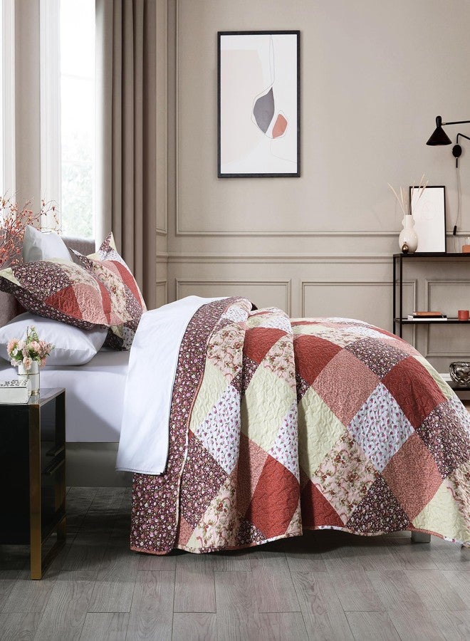 Boryard 3-Piece Queen Size Quilt Set with Ruffle Edge, Lightweight Soft Bedspread Coverlet (96x90 inches) Bedding Set with 2 Pillow Shams (20x26 inches), Red and Floral Grid Plaid Patchwork Print - Image 3