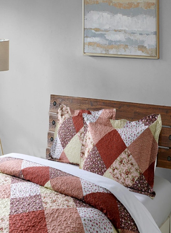 Boryard 3-Piece Queen Size Quilt Set with Ruffle Edge, Lightweight Soft Bedspread Coverlet (96x90 inches) Bedding Set with 2 Pillow Shams (20x26 inches), Red and Floral Grid Plaid Patchwork Print - Image 4