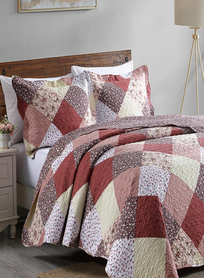 Boryard 3-Piece Queen Size Quilt Set with Ruffle Edge, Lightweight Soft Bedspread Coverlet (96x90 inches) Bedding Set with 2 Pillow Shams (20x26 inches), Red and Floral Grid Plaid Patchwork Print - Image 1