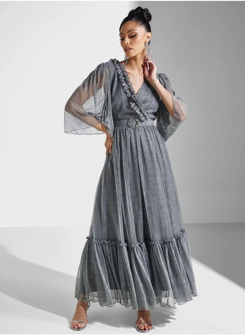 Amri Metallic Ruffle Maxi Dress
