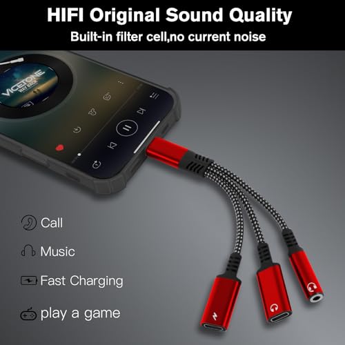 caojunzhen 1 in 3 USB C to Type-C Charging and Type-C Headphones Plus 3.5mm Headphones PD 60W Charging Adapter, Compatible with GalaxyS22, iPad Pro, Pixel, iPhone 16 15, etc.（red） - Image 2