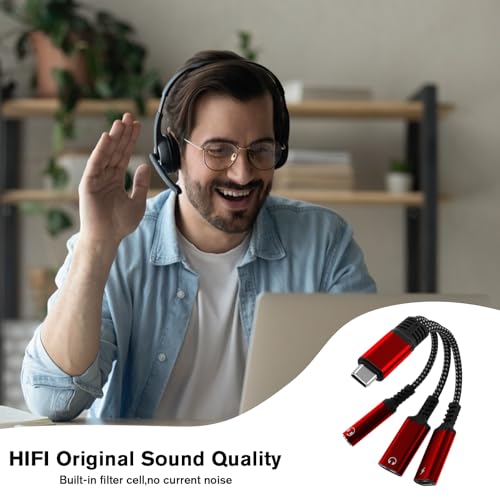 caojunzhen 1 in 3 USB C to Type-C Charging and Type-C Headphones Plus 3.5mm Headphones PD 60W Charging Adapter, Compatible with GalaxyS22, iPad Pro, Pixel, iPhone 16 15, etc.（red） - Image 4