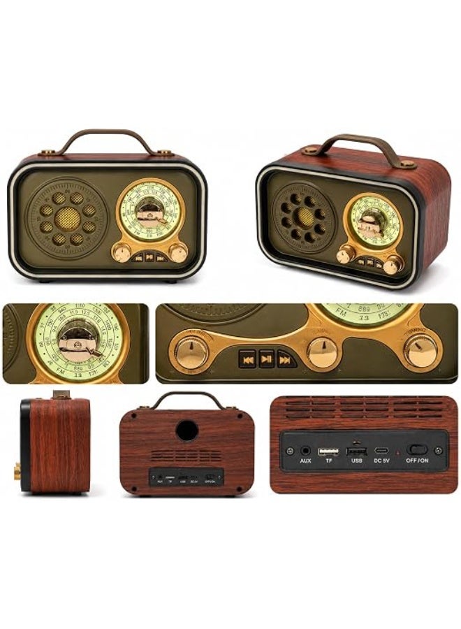 راديو بلوتوث محمول بتصميم كلاسيكي فاخر Vintage - سماعة لاسلكية مع راديو FM وتشغيل USB وTF - لون بني - Image 2