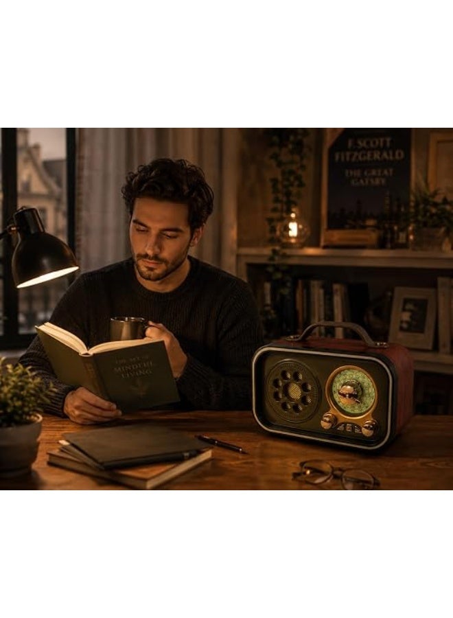 راديو بلوتوث محمول بتصميم كلاسيكي فاخر Vintage - سماعة لاسلكية مع راديو FM وتشغيل USB وTF - لون بني - Image 4
