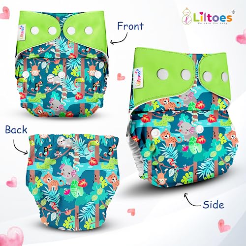 LILTOES Cloth Diapers For New Born Babies 0 to 3 Years | Freesize Adjustable and Reusable | Premium Cloth Nappies Pack of 2 (2 Cloth Diapers + 2 Inserts) | Jungle Safari + Little Mermaid - Image 2