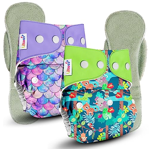 LILTOES Cloth Diapers For New Born Babies 0 to 3 Years | Freesize Adjustable and Reusable | Premium Cloth Nappies Pack of 2 (2 Cloth Diapers + 2 Inserts) | Jungle Safari + Little Mermaid - Image 1