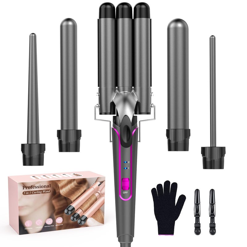 BESTOPE PRO 5 in 1 Curling Wand Set  3 Barrel Hair Crimper Fast Heating Ceramic Curling Iron  Gray