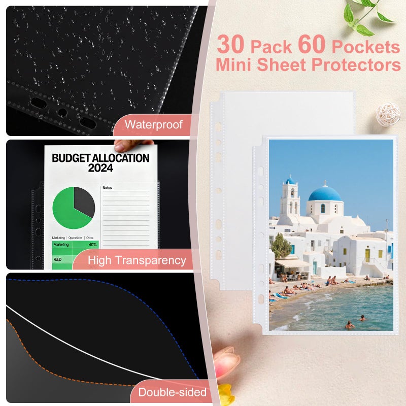 WITHYU 30 Pack 60 Pockets 5.5x8.5â€ Sheet Protector Sleeves for 6 Ring A5 Binder, A5 Mini 3 Ring Binder, Ultra-Clear Playbill Holder Sleeves, Double-Sided, Top Loading Sheet Protector for Paper Report - Image 3