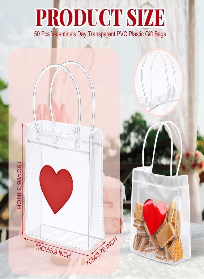 Glenmal 50 Pcs Valentines Day Clear Gift Bags with Handle Transparent PVC Plastic Red Heart Love Reusable Shopping Tote Wrap Bags for Valentines Weddings - Image 2
