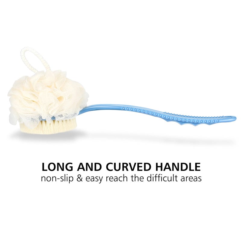 HONOMA Shower Body Brush with Bristles and Loofah,Back Scrubber Bath Mesh Sponge with Curved Long Handle for Skin Exfoliating Bath, Massage Bristles Suitable for Wet or Dry, Men and Women (Blue) - Image 4