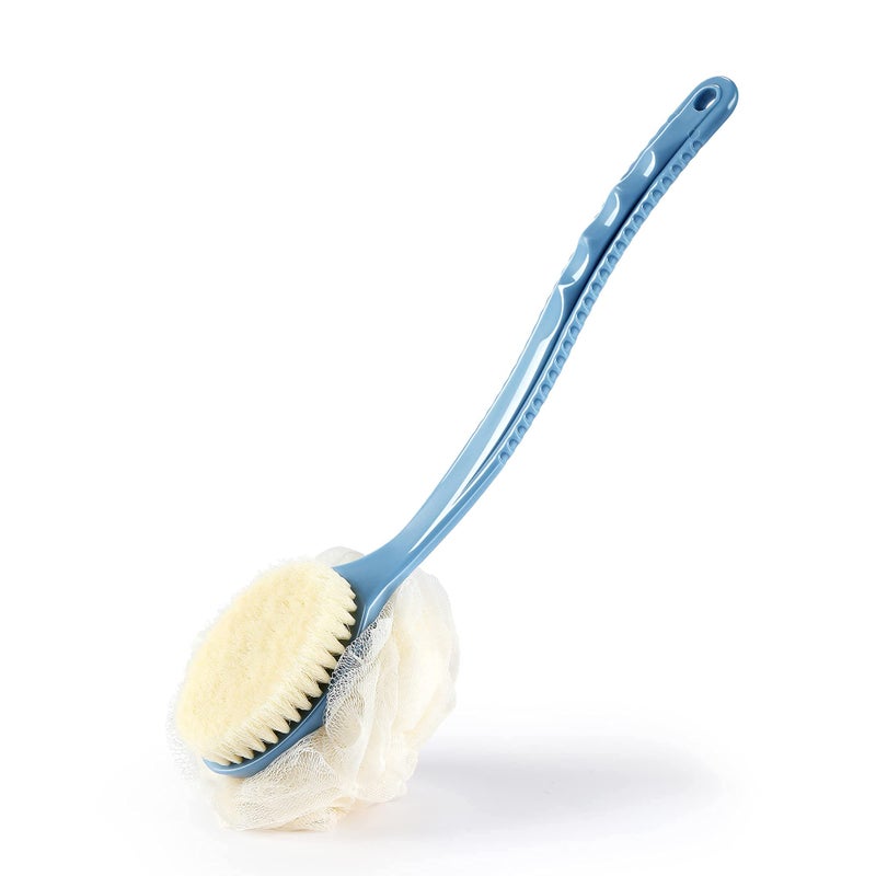 HONOMA Shower Body Brush with Bristles and Loofah,Back Scrubber Bath Mesh Sponge with Curved Long Handle for Skin Exfoliating Bath, Massage Bristles Suitable for Wet or Dry, Men and Women (Blue) - Image 1