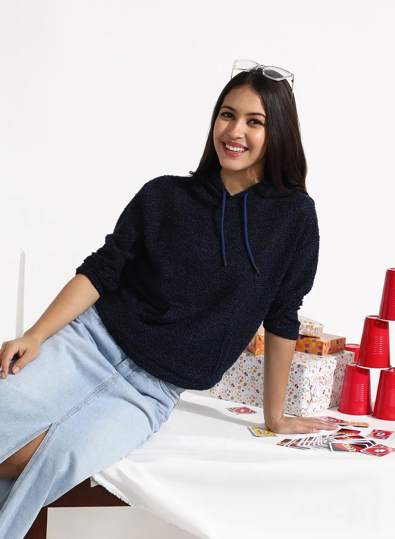 كامبوس سوترا هودي نسائي محبوك أزرق داكن بنقوش وجيوب كنغر