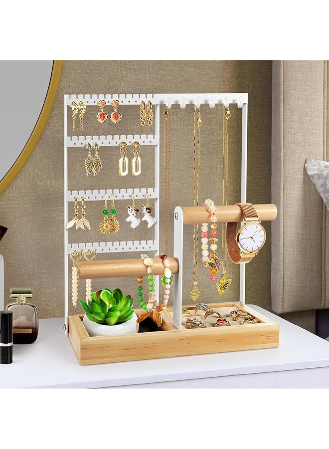 The Bros Jewelry Organizer Jewelry Holder Jewelry Stand with Ring Tray and Metal Frame, Necklace Holder Organizer Bracelet Display Storage Rack for Studs Earring Ring Necklace (White)  - Image 1