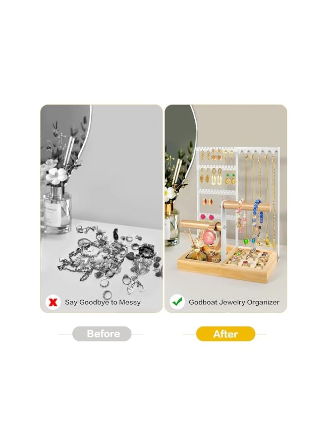 The Bros Jewelry Organizer Jewelry Holder Jewelry Stand with Ring Tray and Metal Frame, Necklace Holder Organizer Bracelet Display Storage Rack for Studs Earring Ring Necklace (White)  - Image 2