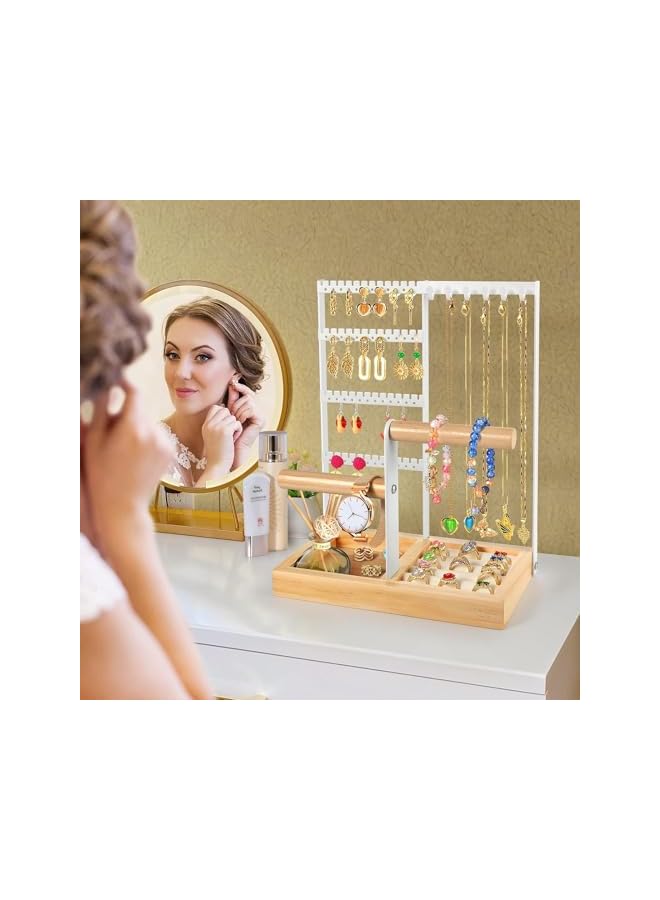 The Bros Jewelry Organizer Jewelry Holder Jewelry Stand with Ring Tray and Metal Frame, Necklace Holder Organizer Bracelet Display Storage Rack for Studs Earring Ring Necklace (White)  - Image 4
