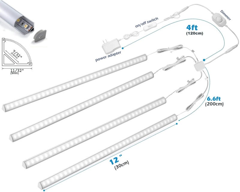 Cefrank V-Shape Under Cabinet Lighting Kit - 4pcs Sleeker 12" Dimmable LED Light Bars for Showcase Shelf Seamless Illumination - 1200lm, 12W - Pure White (6000K) - Image 4