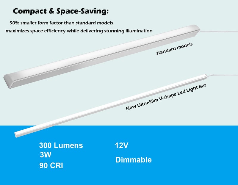 Cefrank V-Shape Under Cabinet Lighting Kit - 4pcs Sleeker 12" Dimmable LED Light Bars for Showcase Shelf Seamless Illumination - 1200lm, 12W - Pure White (6000K) - Image 3