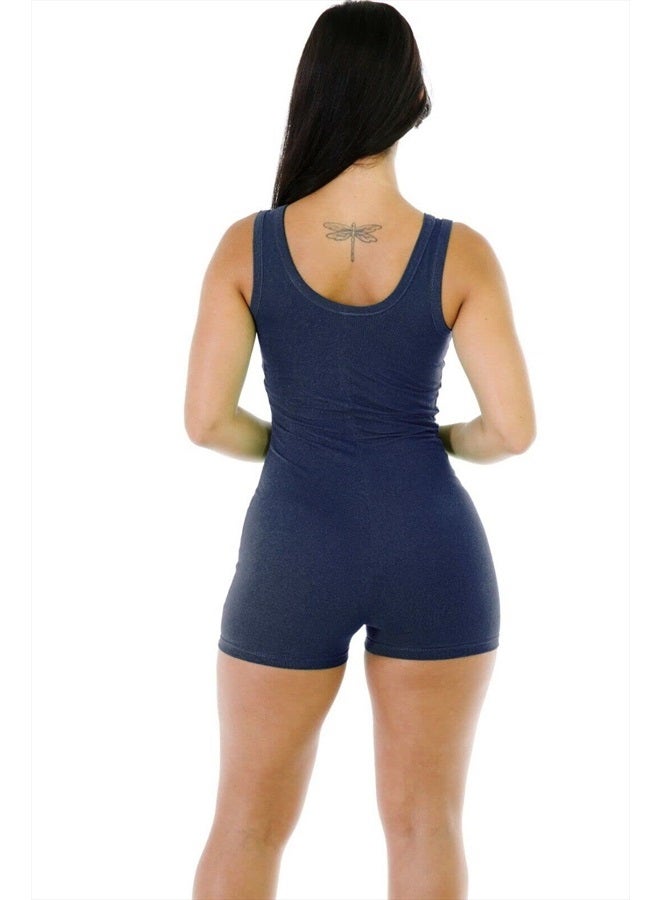 Boolavard Short Romper Jumpsuit Leotard Sleeveless Top Women Stretch BlouseLady Bodysuit (Navy, M) - Image 2