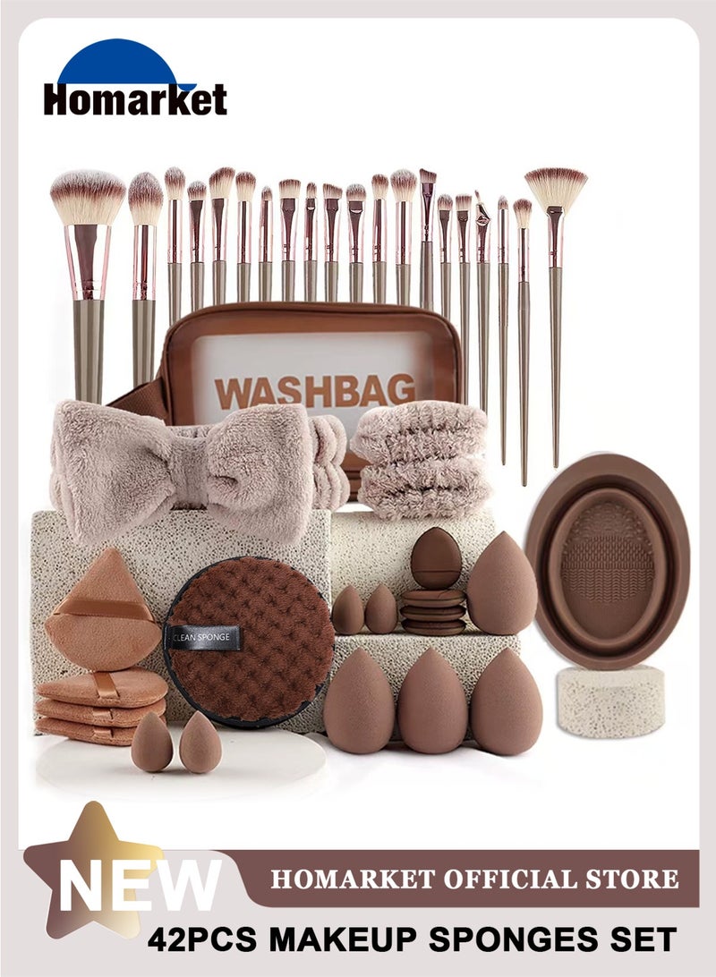 هومار كيت مجموعة فرش مكياج، 42 قطعة من أدوات المكياج، كريم أساس صناعي فاخر، بودرة إخفاء العيوب، ظلال العيون، أحمر الخدود، مجموعة فرش مكياج مع إسفنجة مكياج، منفاخ بودرة للمبتدئين والمحترفين، بني - Image 1