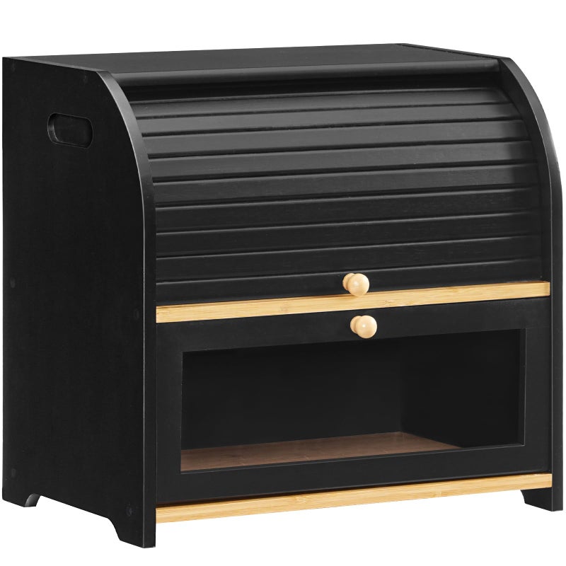 HOOBRO Bread Box, Bamboo Bread Box for Kitchen Countertop, 2 Tier Roll-Top Bread Bin, Food Storage Box, Large Capacity Keeper, Wooden Storage Cabinet, for Kitchen, Dining Room, Black BK13MB01 - Image 1