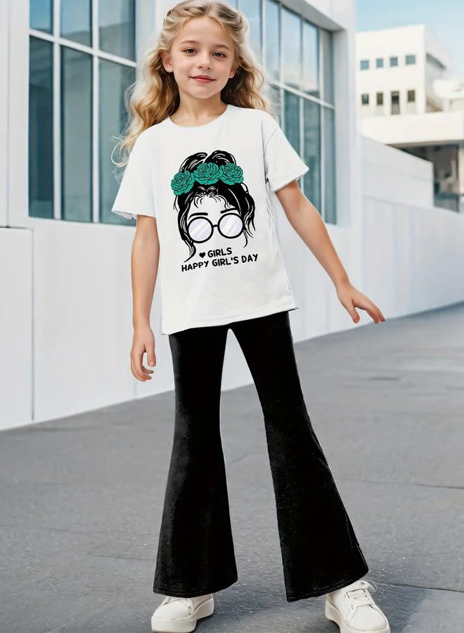 Take Two Take Two Girls Graphic Print T-Shirt and Flared Pants Set