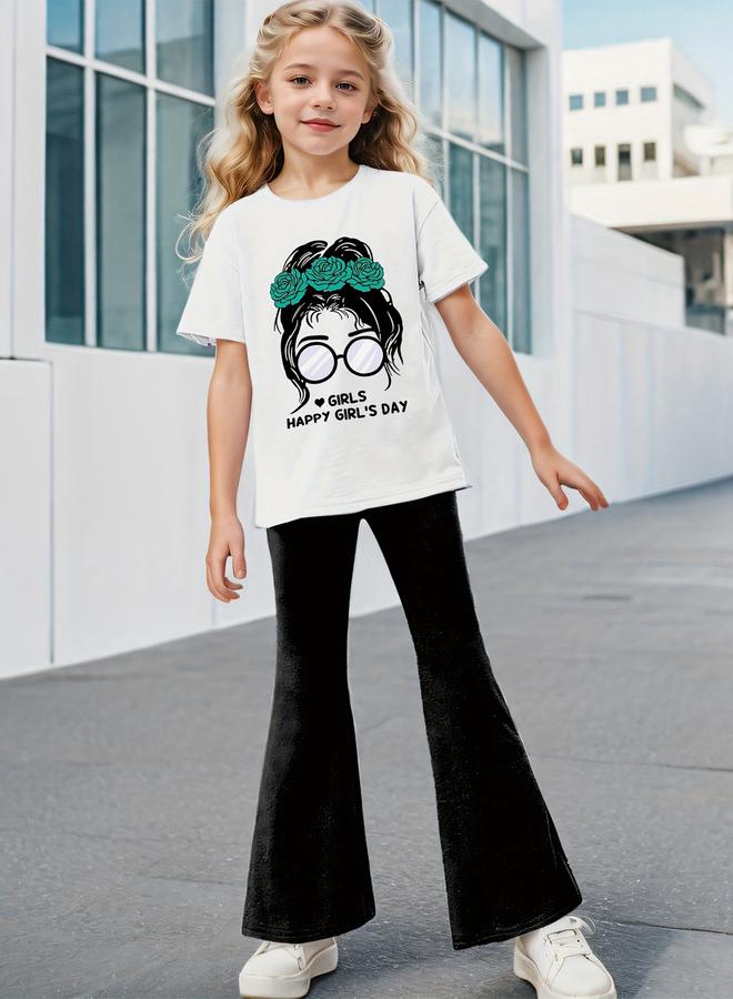 Take Two Girls Graphic Print T-Shirt and Flared Pants Set - Image 1