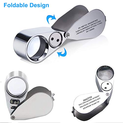 TRIrunpdl 40X Metal Illuminated Jewelers Loop Magnifier Glass, Loupe Magnifier with Light and Pocket Folding, Handheld Jewelers Eye Loop for Jewelry Identifying, Currency Detecting, Rock Collecting, Stamps - Image 3