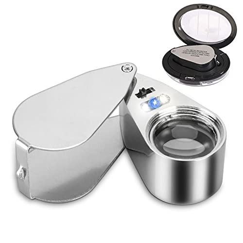 TRIrunpdl 40X Metal Illuminated Jewelers Loop Magnifier Glass, Loupe Magnifier with Light and Pocket Folding, Handheld Jewelers Eye Loop for Jewelry Identifying, Currency Detecting, Rock Collecting, Stamps - Image 1