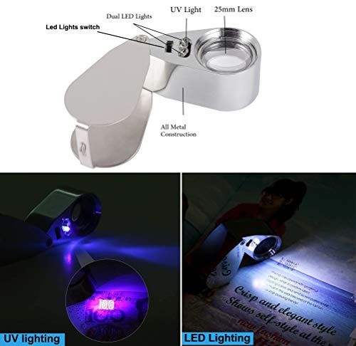 TRIrunpdl 40X Metal Illuminated Jewelers Loop Magnifier Glass, Loupe Magnifier with Light and Pocket Folding, Handheld Jewelers Eye Loop for Jewelry Identifying, Currency Detecting, Rock Collecting, Stamps - Image 2