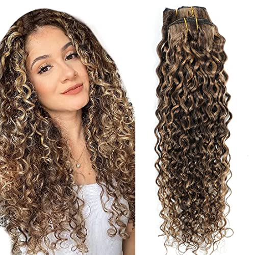 Urbeauty Curly Clip in Extensions Remy Human Hair Brown Highlight Blonde Natural Wavy Hair Extensions 18 Inch 120g Triple Weft Clip in Hair Extensions Full Head Kinky Curly Human Hair 427 - Image 1