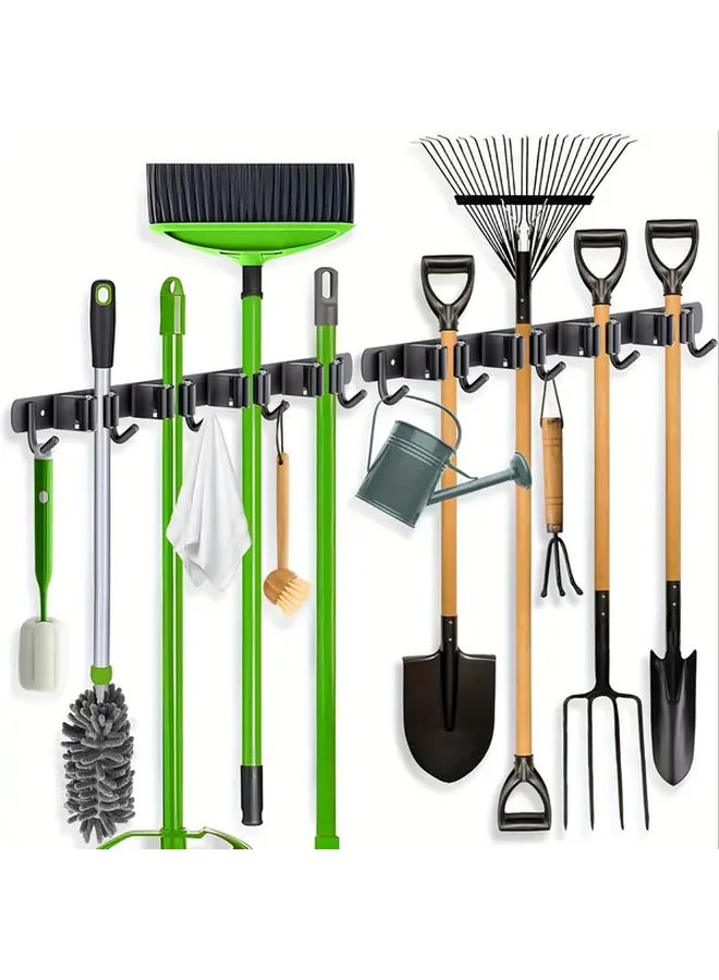 Stainless Steel Wall Mounted Garden Tool Organizer Black 4 Shelf 5 Hook - Image 1