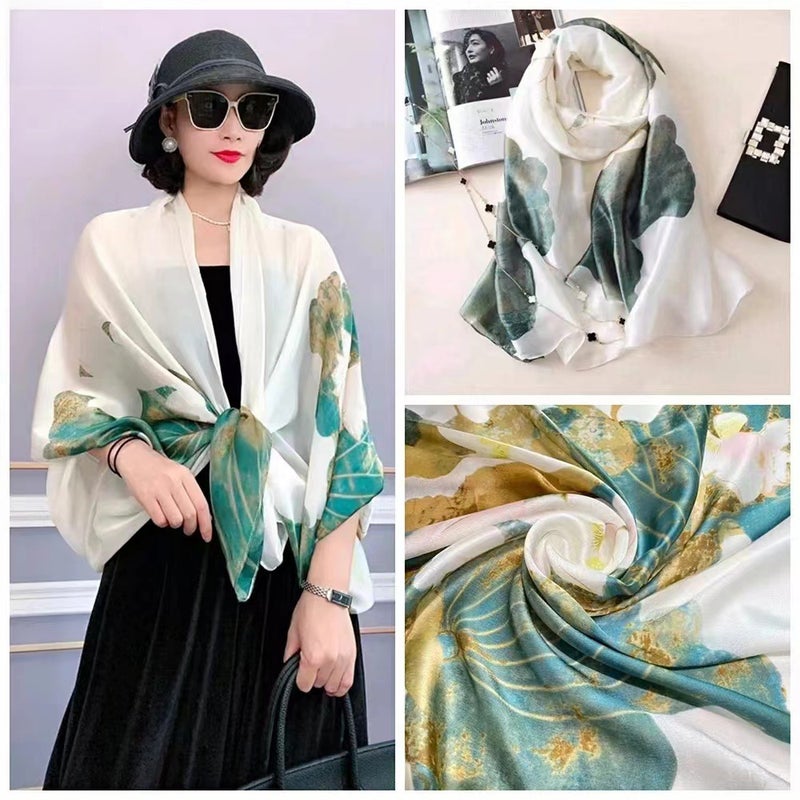 Luxury Silk Scarf Lightweight Summer Shawl Lotus pond Moonlight 