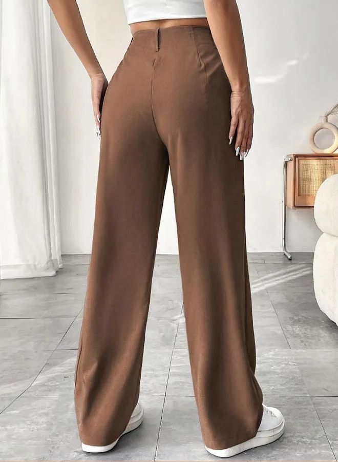 Take Two Brown Solid Pleated Detail Wide Leg Pant