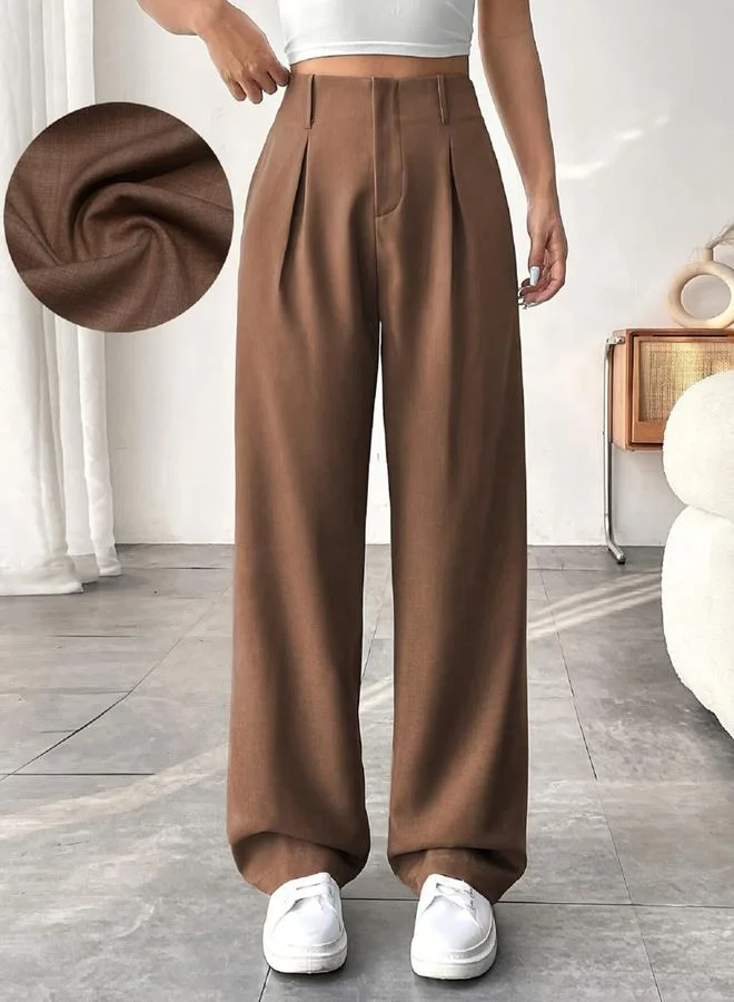 Take Two Brown Solid Pleated Detail Wide Leg Pant