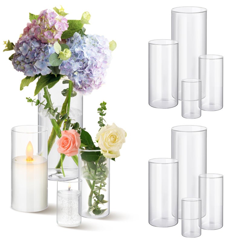 Moomuto 12pcs Clear Glass Cylinder Vases, 4, 6, 7.5, 10 Inch Tall Cylinder Vases for Centerpieces,Valentine Glass Flower Vase Hurricane Floating Candle Holder Vase for Table Shelf, Wedding, Party,Home Decor - Image 1