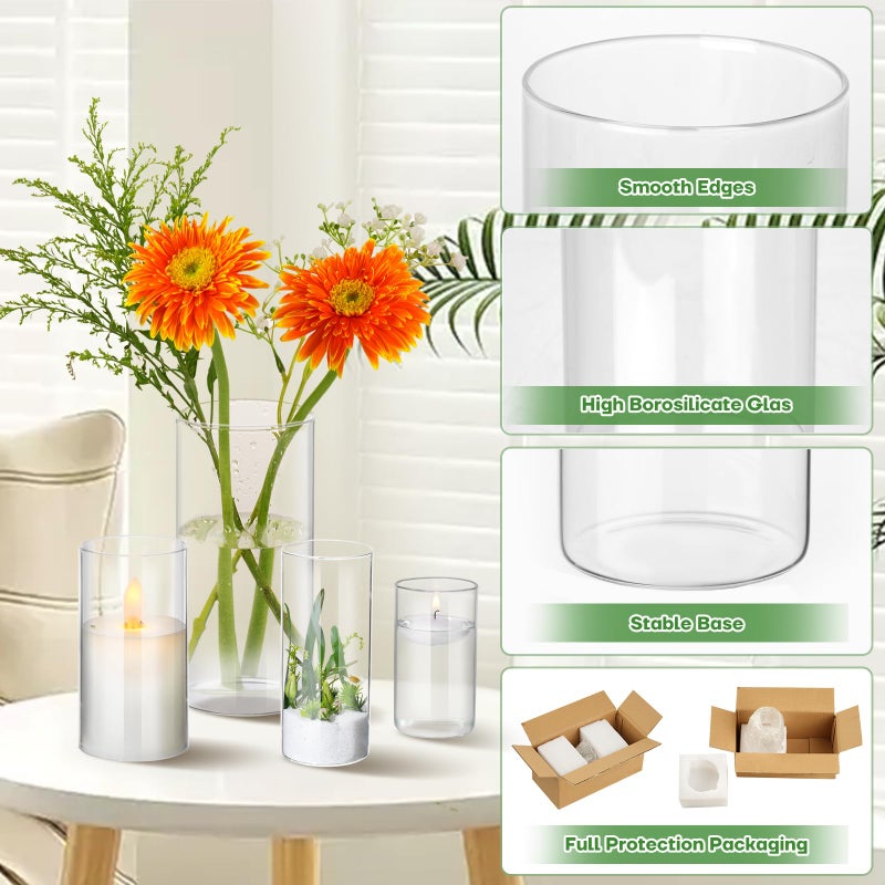 Moomuto 12pcs Clear Glass Cylinder Vases, 4, 6, 7.5, 10 Inch Tall Cylinder Vases for Centerpieces,Valentine Glass Flower Vase Hurricane Floating Candle Holder Vase for Table Shelf, Wedding, Party,Home Decor - Image 5