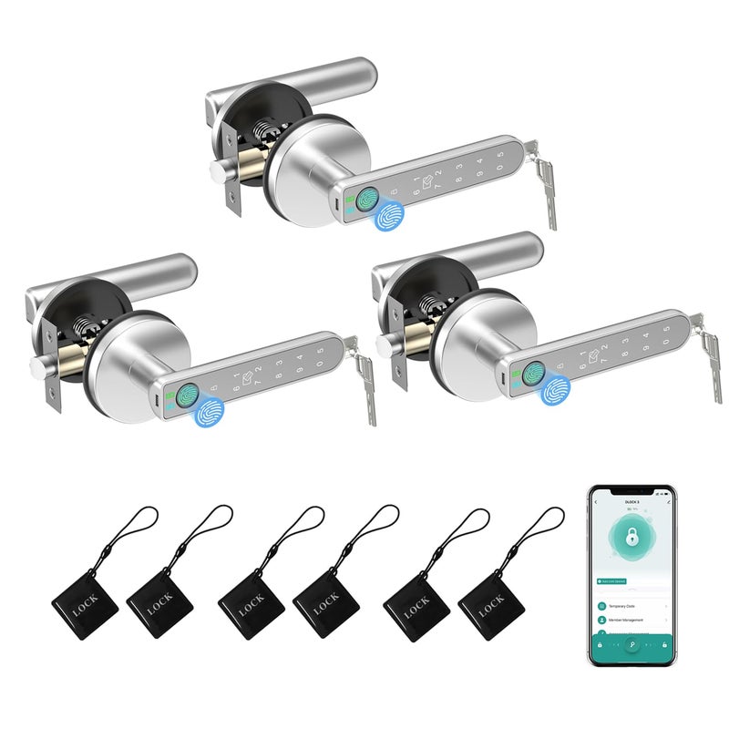BIWIBON Fingerprint Door Lock 5 in 1 Smart Door Knob with Smart APPFingerprintIC CardsPasswordBackup Keys Finger Print Door Knob with Keypad for Bedroom Office Apartment Silver 3 Pack