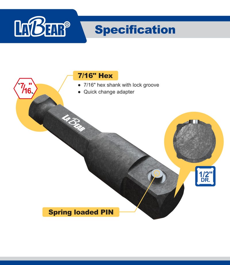 LABEAR- 7/16 hex to 1/2 impact adapter, 7/16 impact driver, 1/2-Inch male square, works with a 7/16-Inch impact driver - Image 3