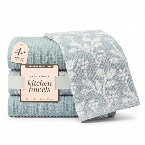 MosJos Kitchen Towels, Cotton Hand Towels, Blue and White Floral Vine Ribbed Hand Drying Cloth Set of 4 Absorbent Hand Towels, 18 x 28 Kitchen Linens - Image 4