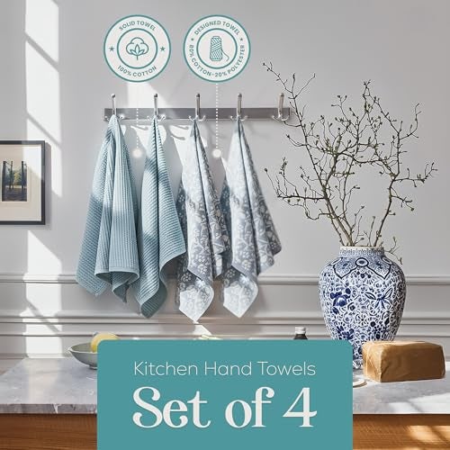 MosJos Kitchen Towels, Cotton Hand Towels, Blue and White Floral Vine Ribbed Hand Drying Cloth Set of 4 Absorbent Hand Towels, 18 x 28 Kitchen Linens - Image 2